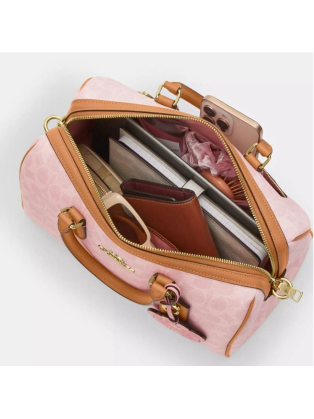 NEW Authentic Coach Large Rowan Satchel In Pink Signature Canvas With Charms NWT - Picture 4 of 12